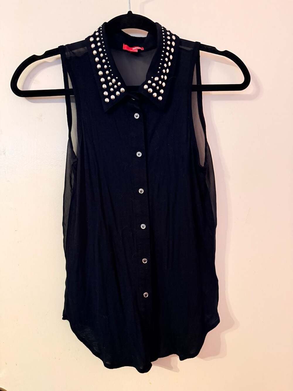 Bongo Sleeveless Button-Down Shirt Size S Studded Collar Sheer Black